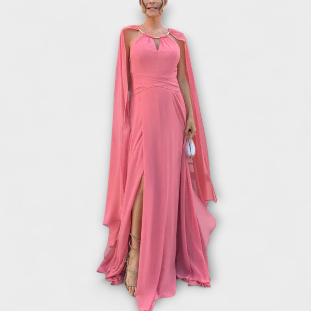 Mabel - Elegantne maxi obleke s plaščem in visokim razporkom