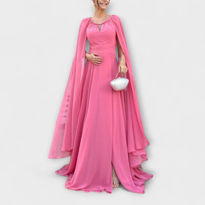 Mabel - Elegantne maxi obleke s plaščem in visokim razporkom