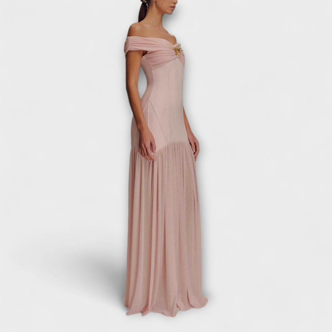 Maelie - Eleganten brezramenski bodycon maxi obleka s cvetličnimi okraski
