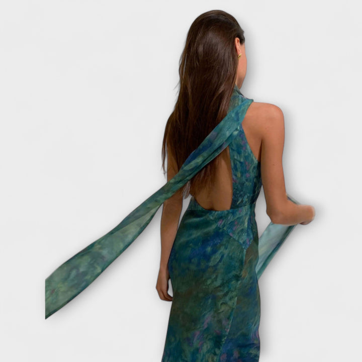 Maisie - Monet Iris Print Maxi obleka