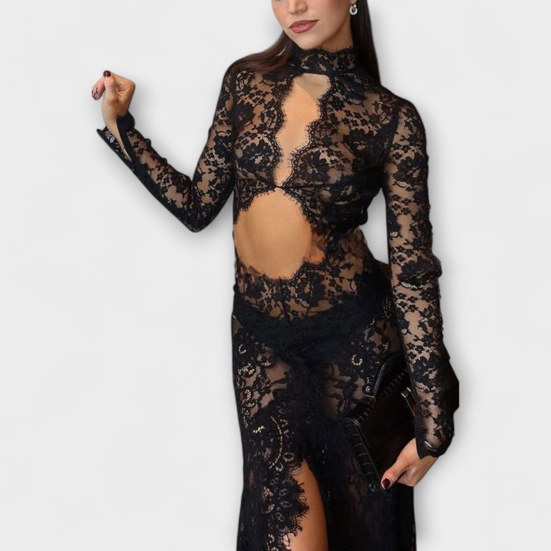Azalea - Midnight Elegance Prosojne Čipkaste Dolg Rokav Stretch Maxi Oblačilo
