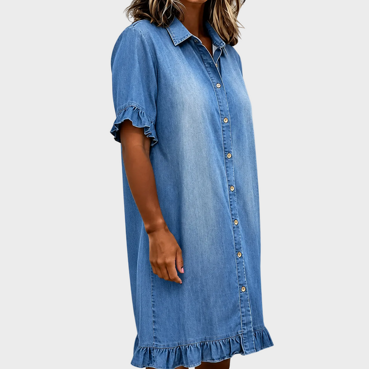 Tjaša – Denim Obleka Z Volančki