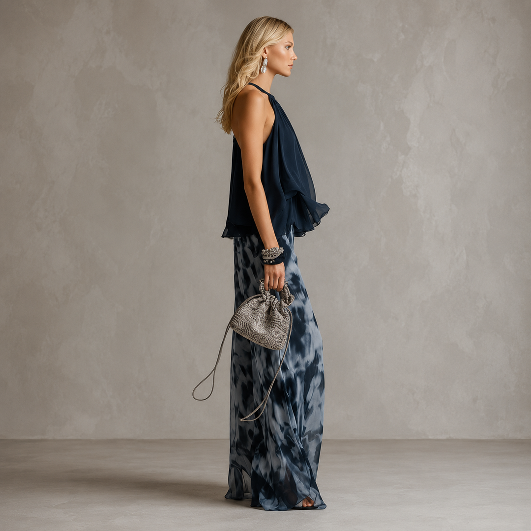 Lea – Eleganten Šifonast Komplet S Potiskom