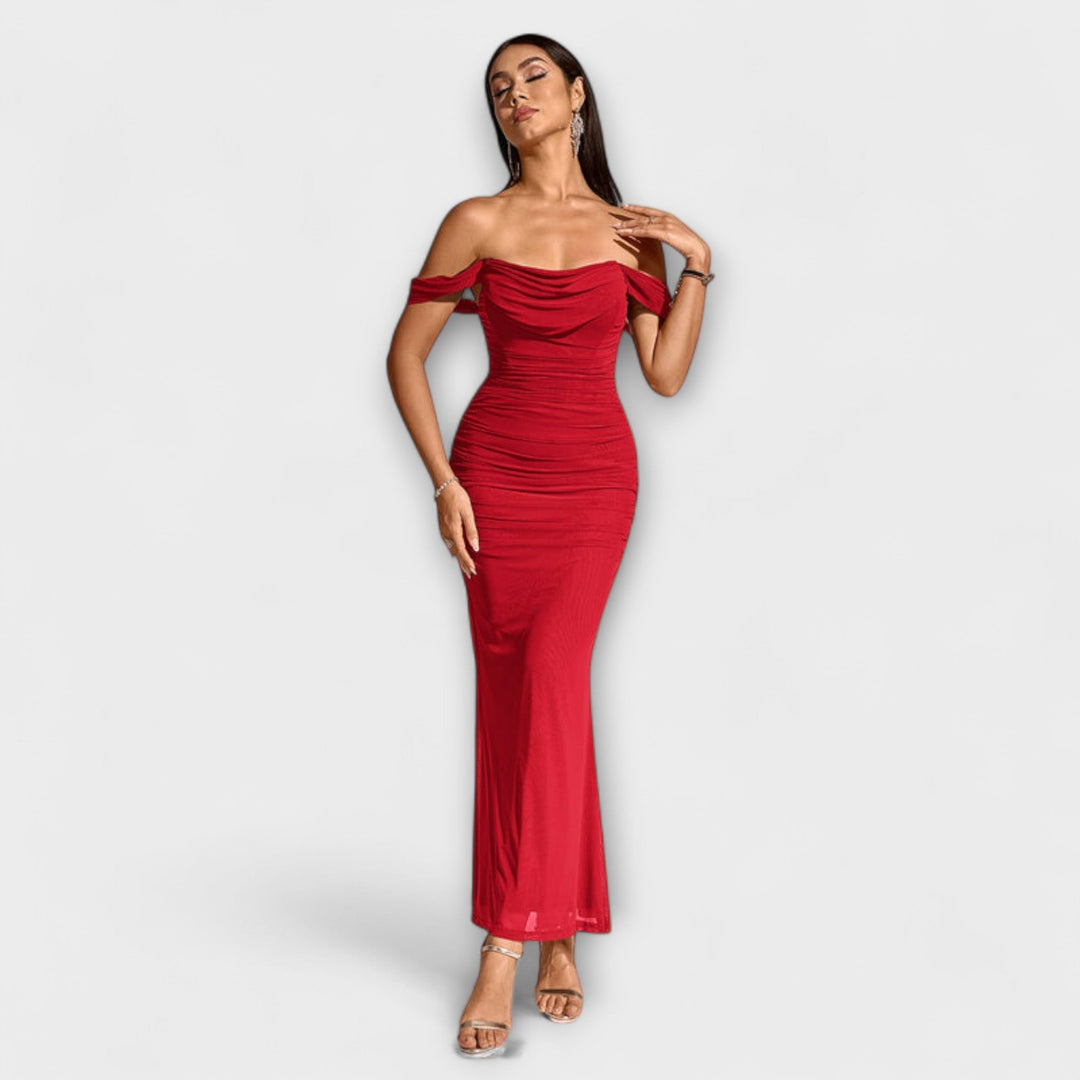 Ione - Bodycon obleka z odprtimi rameni in nabiranjem