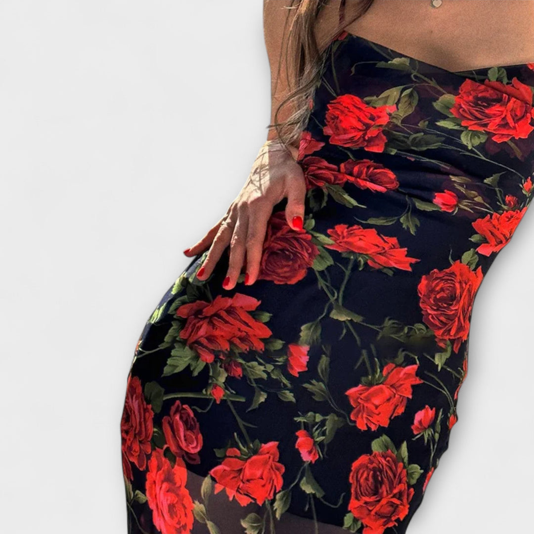 Kratka obleka bodycon z cvetličnim vzorcem in naramnicami