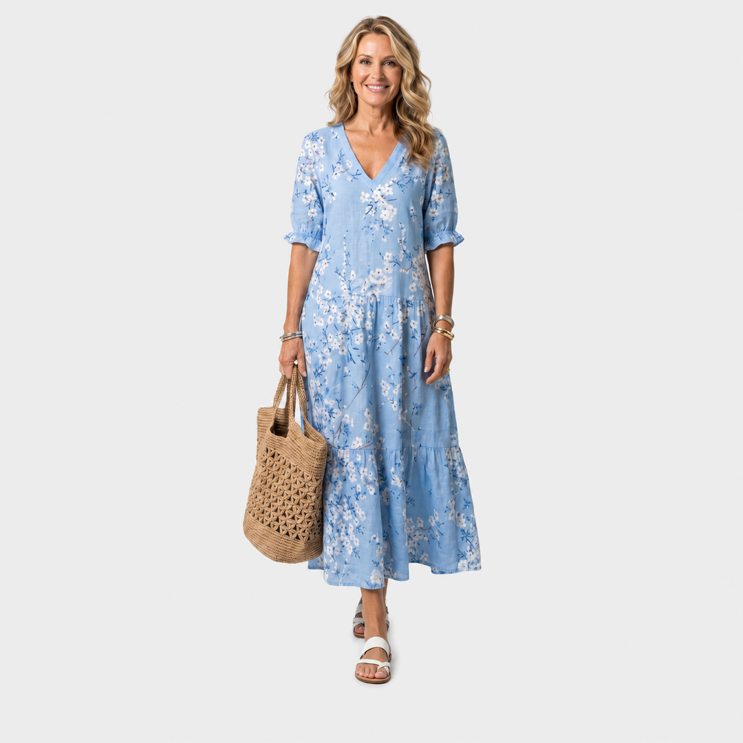 Sara – Modra cvetlična boho midi obleka