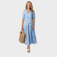 Sara – Modra Cvetlična Boho Midi Obleka