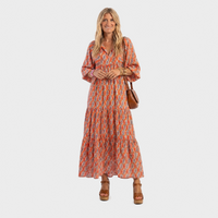 Urška – Oranžna Geometrijska Boho Midi Obleka