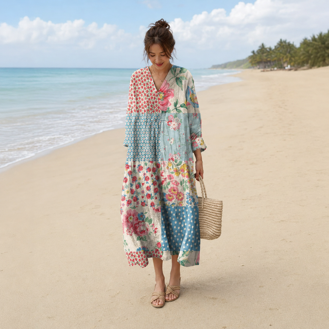 Blažka – Pastelna Patchwork Cvetlična Maxi Obleka