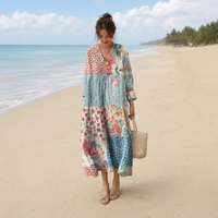 Blažka – Pastelna Patchwork Cvetlična Maxi Obleka