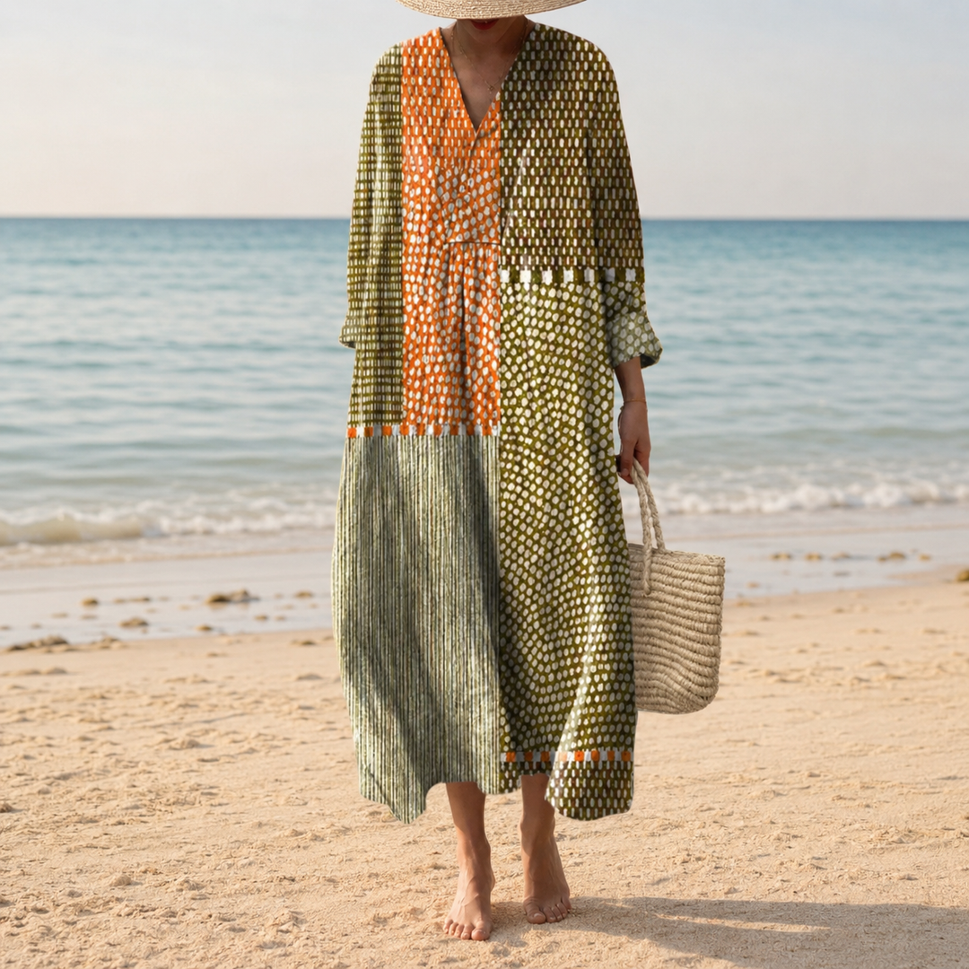 Branka – Oljčna Patchwork Midi Obleka