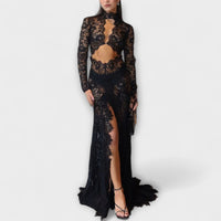 Azalea - Midnight Elegance Prosojne Čipkaste Dolg Rokav Stretch Maxi Oblačilo