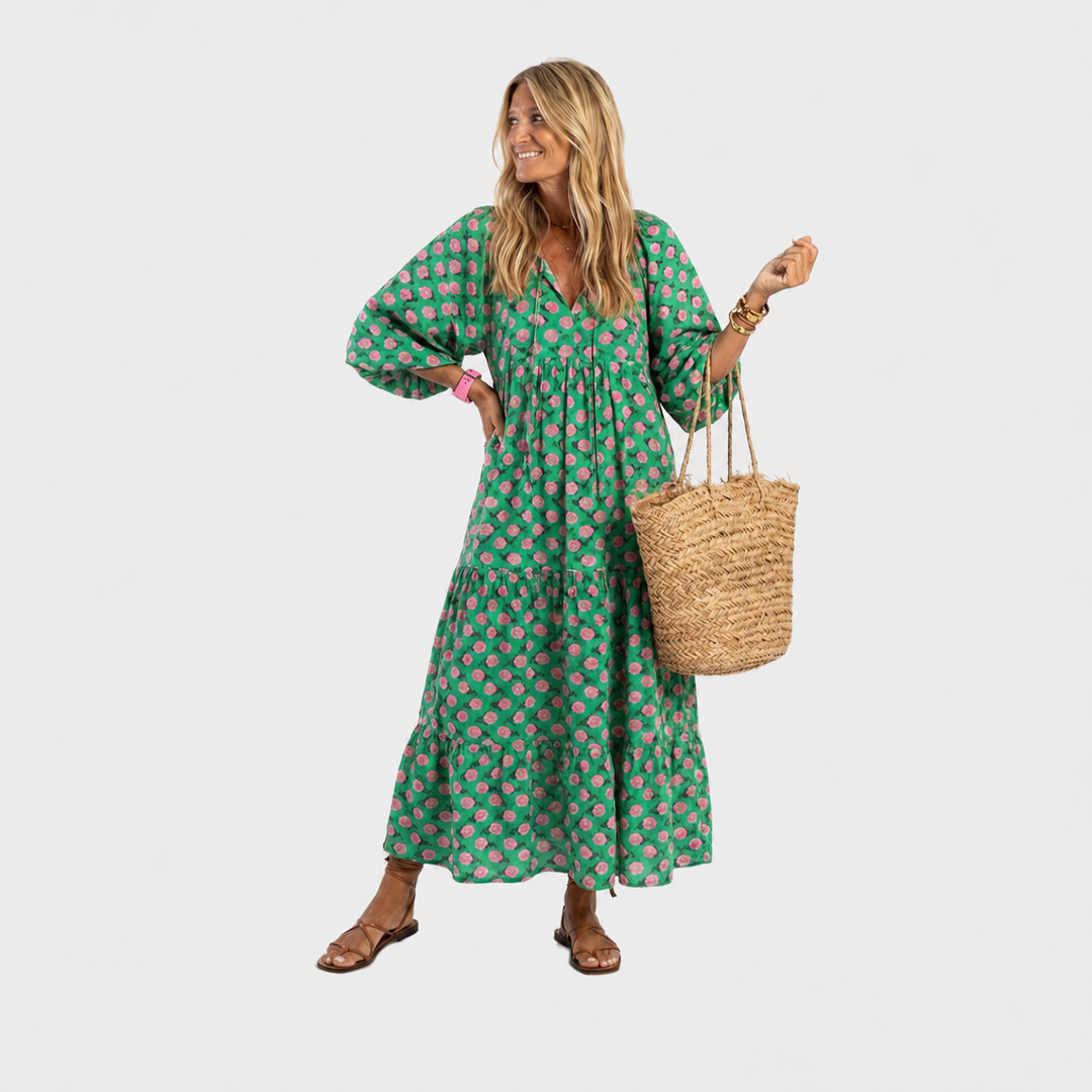 Tjaša – Zelena cvetlična boho midi obleka