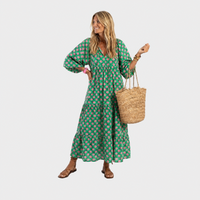Tjaša – Zelena Cvetlična Boho Midi Obleka