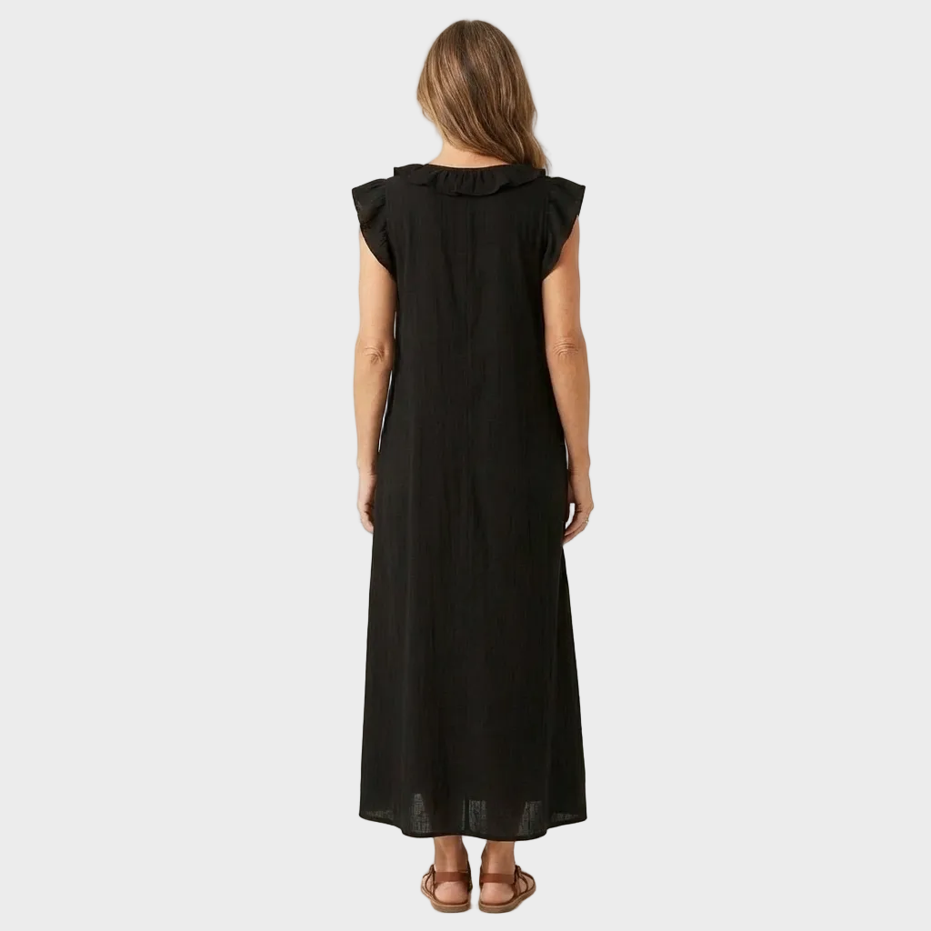 Larisa – Lanena Maxi Obleka z Volančki