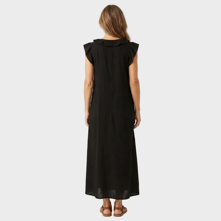 Larisa – Lanena Maxi Obleka z Volančki