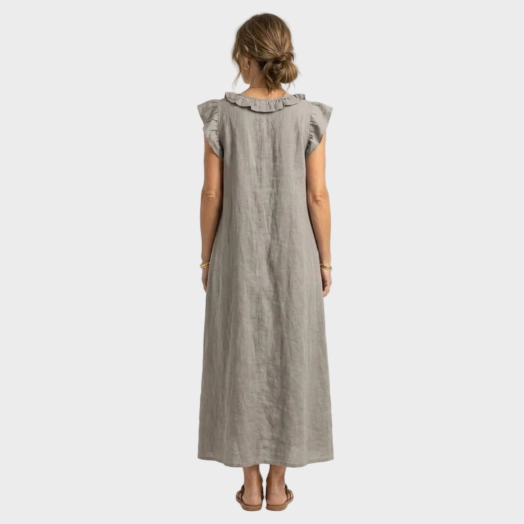 Larisa – Lanena Maxi Obleka z Volančki