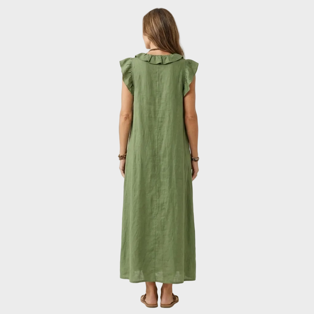 Larisa – Lanena Maxi Obleka z Volančki