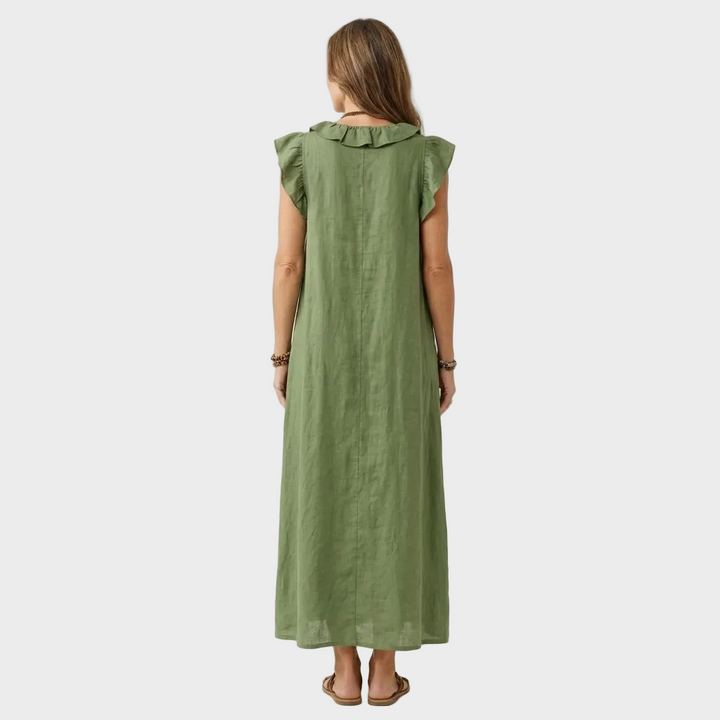 Larisa – Lanena Maxi Obleka z Volančki