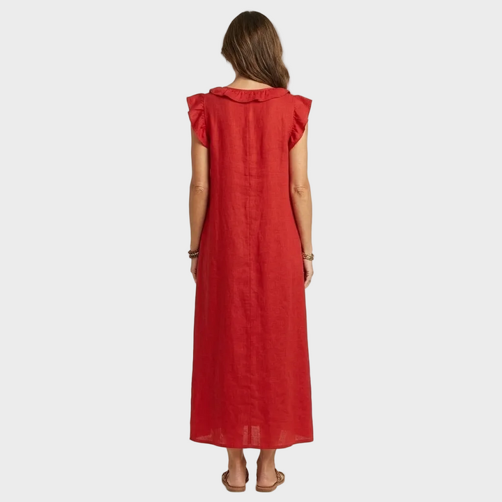 Larisa – Lanena Maxi Obleka z Volančki