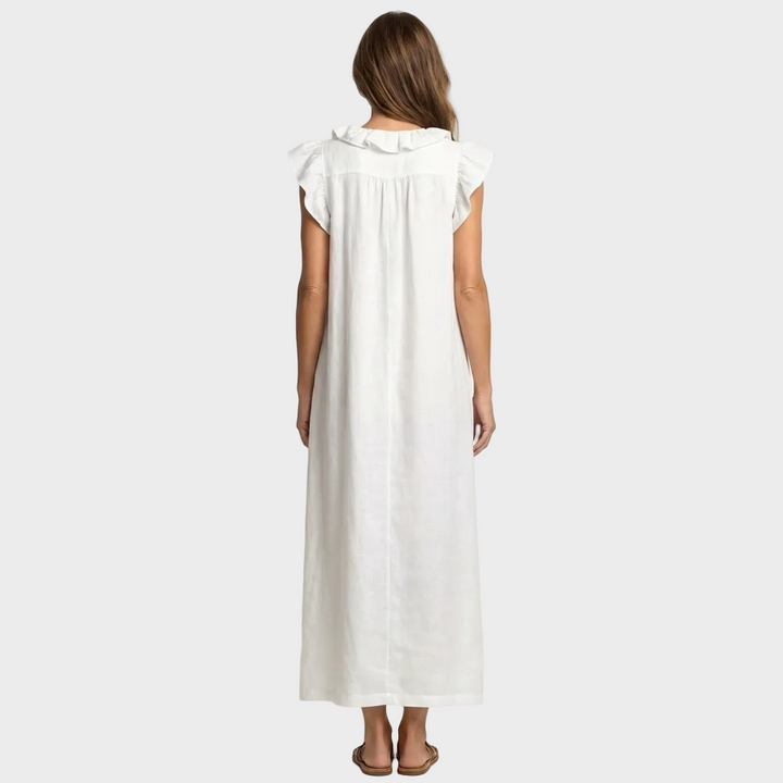 Larisa – Lanena Maxi Obleka z Volančki