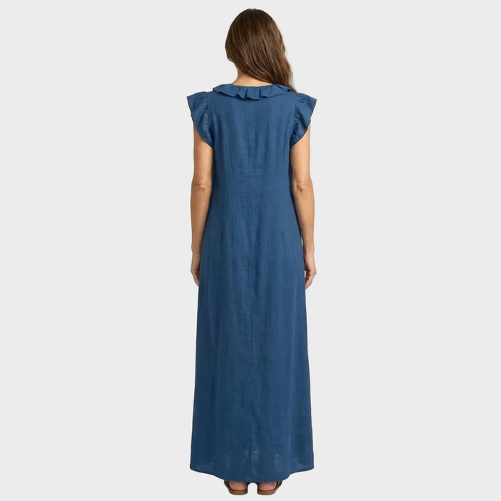 Larisa – Lanena Maxi Obleka z Volančki