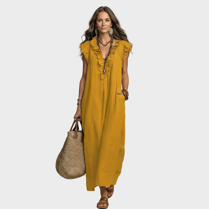 Larisa – Lanena Maxi Obleka z Volančki