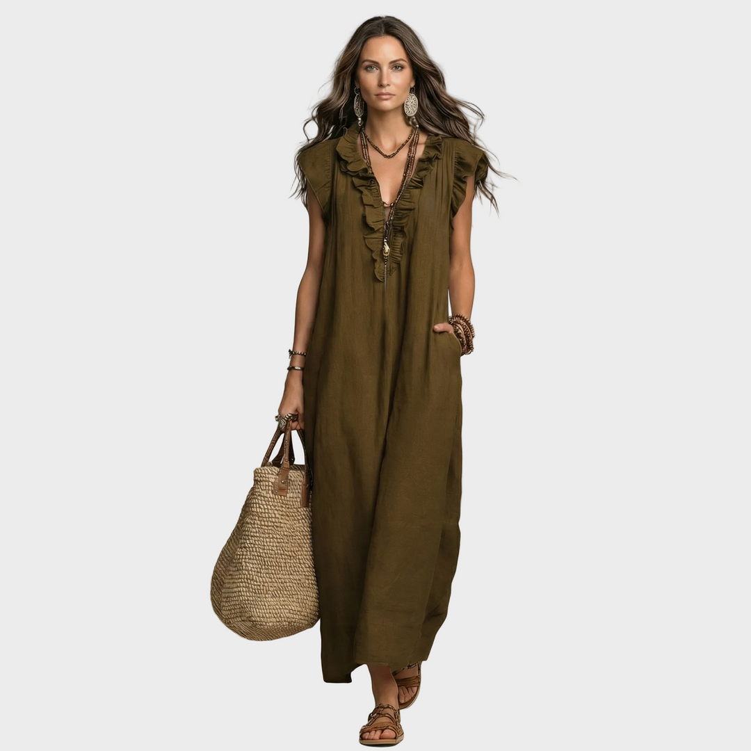 Larisa – Lanena Maxi Obleka z Volančki