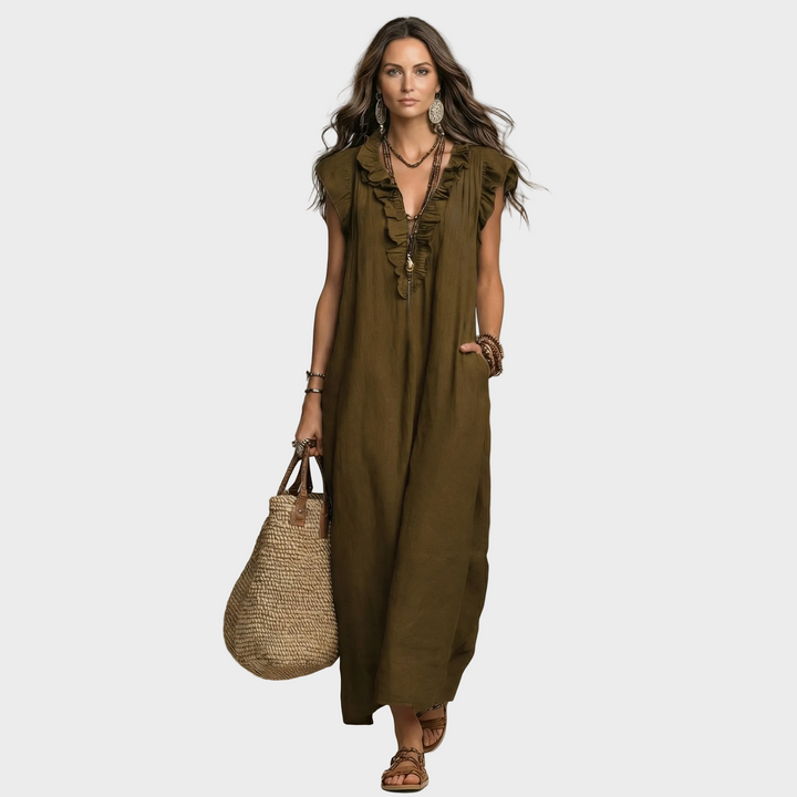 Larisa – Lanena Maxi Obleka z Volančki