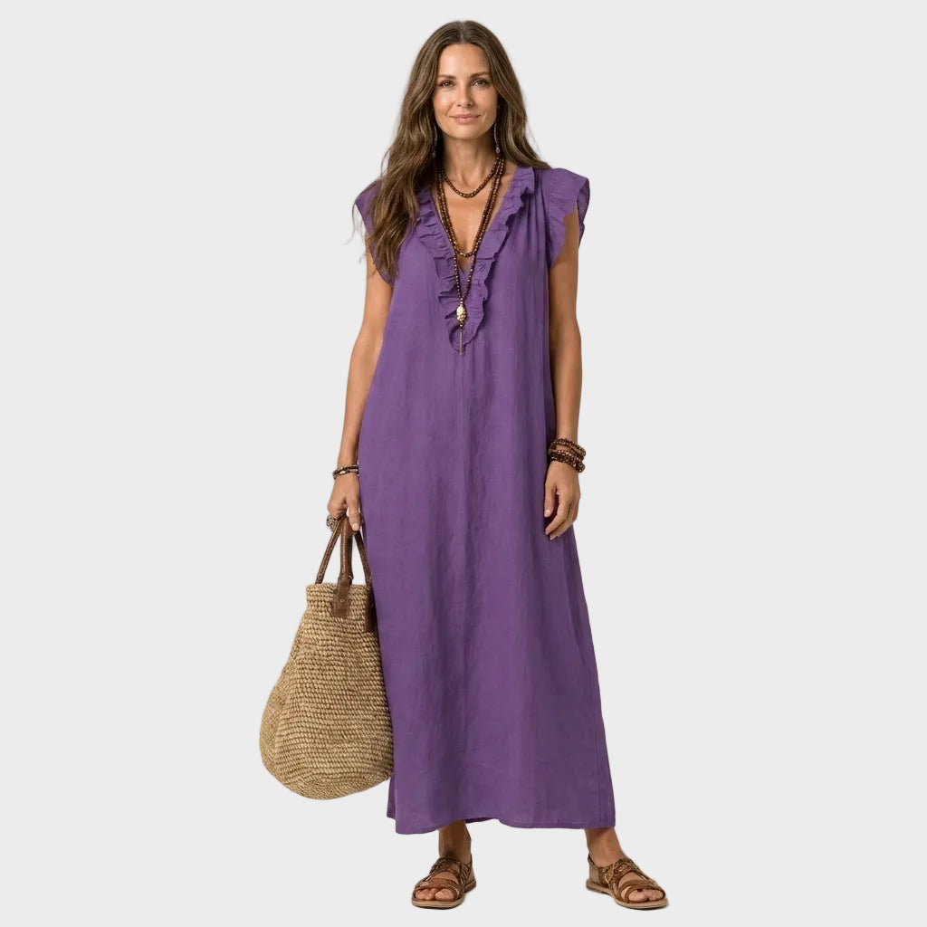 Larisa – Lanena Maxi Obleka z Volančki