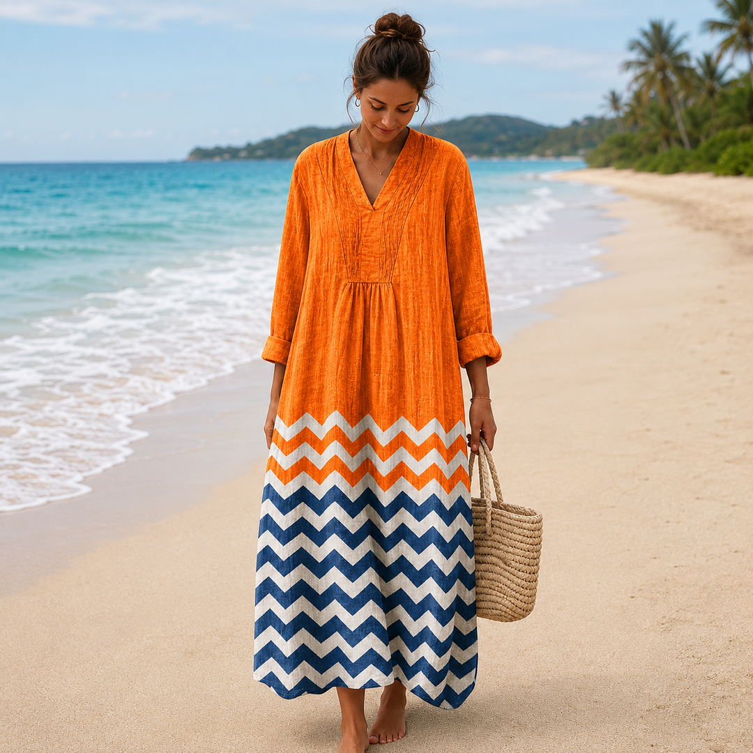 Koraljka – Oranžna chevron maxi obleka