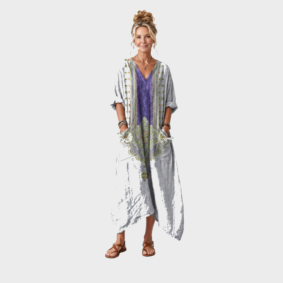 Lara – Večbarvna vezena boho midi obleka z žepi