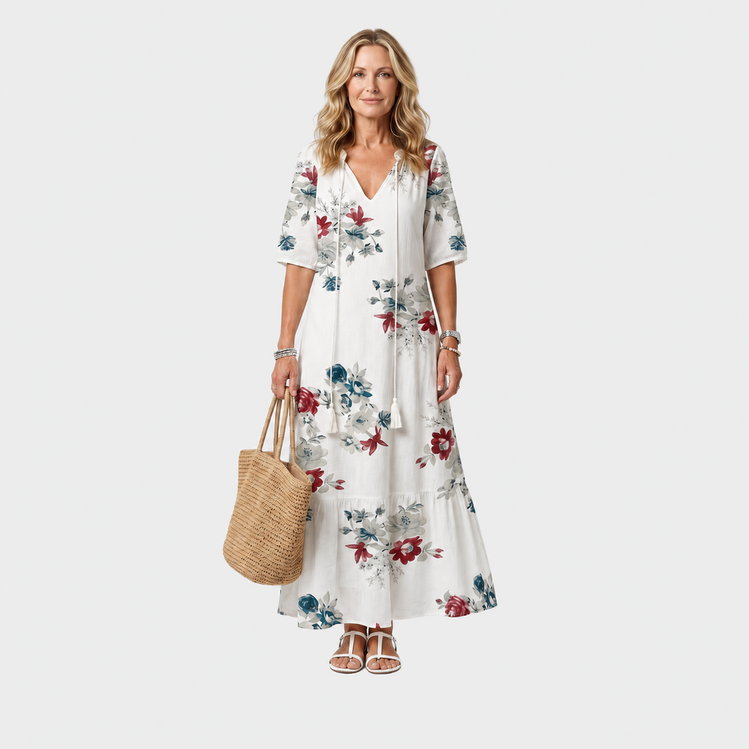 Nika – Bela cvetlična boho midi obleka z resicami