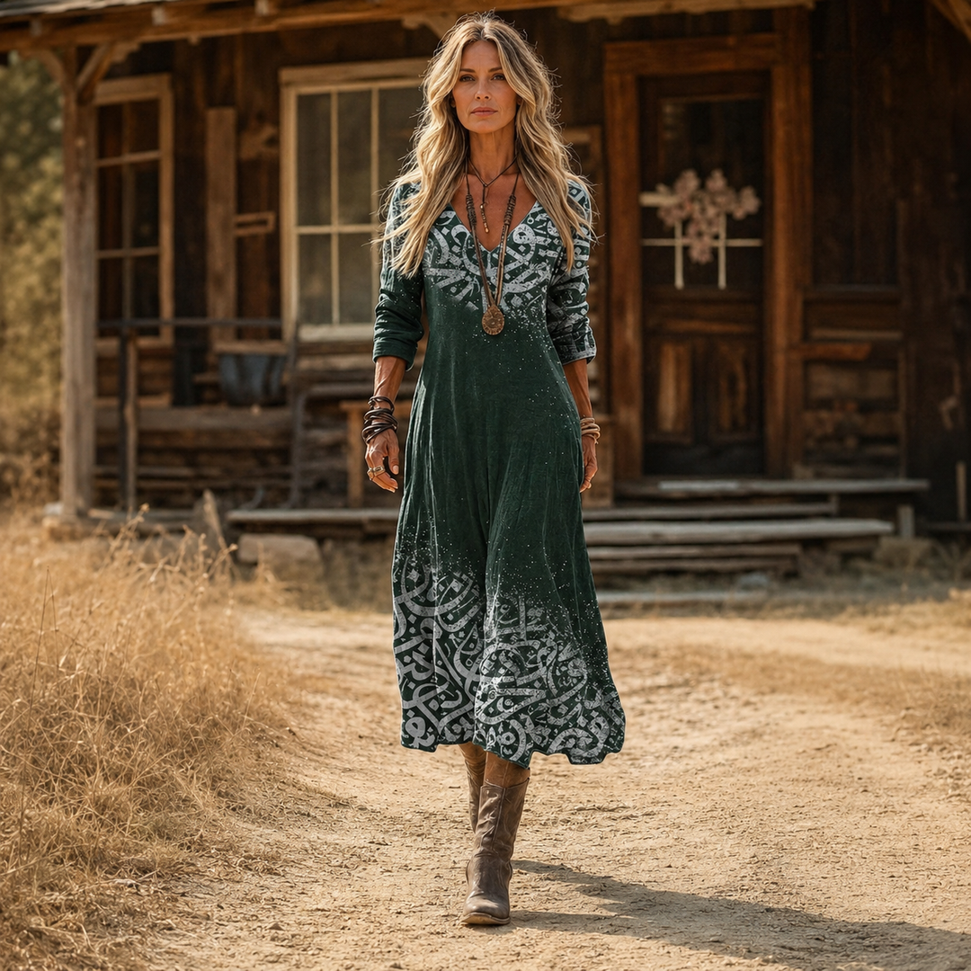 Maja – Sproščena Zelena Boemska Maxi Obleka
