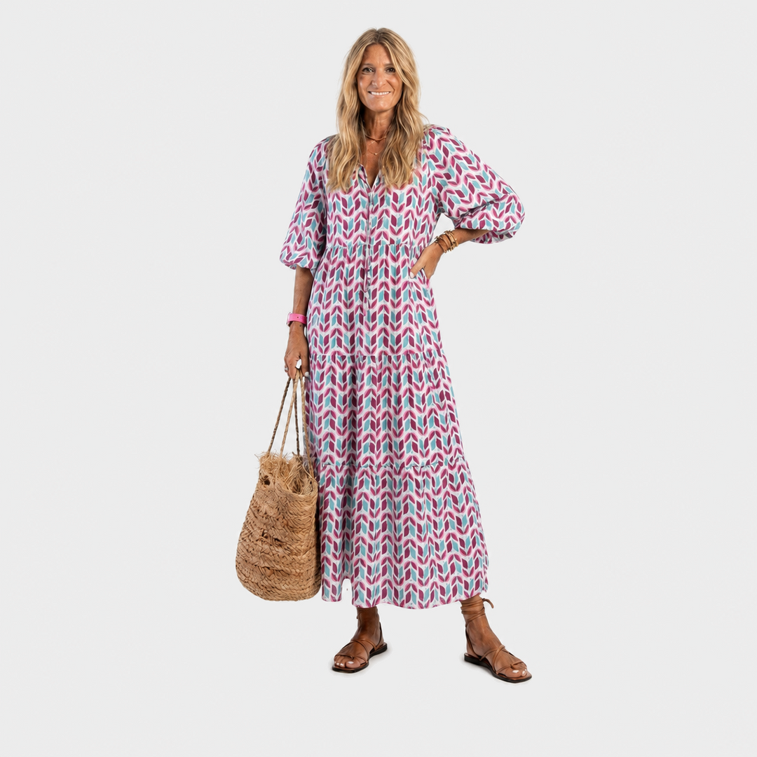 Živa – Rožnato zlata geometrijska boho midi obleka