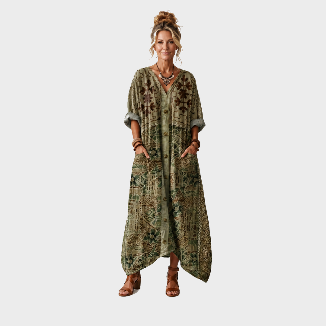 Mojca – Zelena vezena boho midi obleka z gumbi