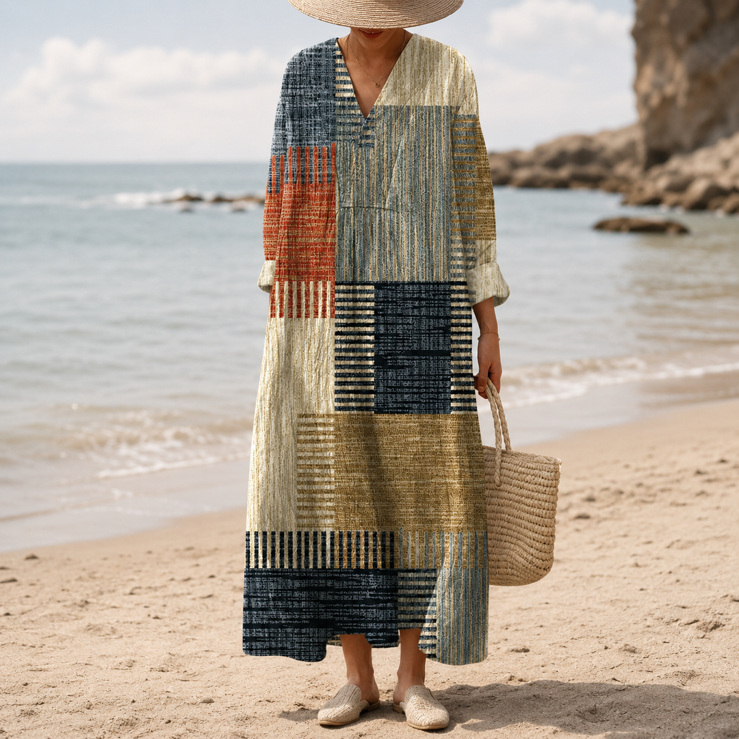Mojca – Umetniška Patchwork Midi Obleka