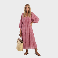 Nina – Rožnata Geometrijska Boho Midi Obleka