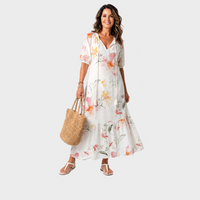 Lana – Bela Cvetlična Boho Midi Obleka Z Resicami