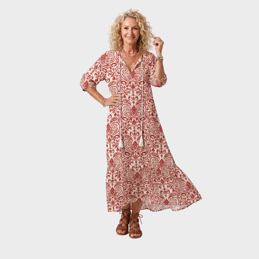 Ajda – Rdeča ornamentna boho midi obleka z resicami