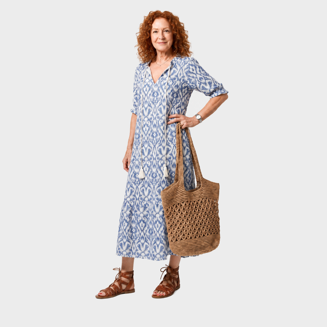Klara – Modra vzorčasta boho midi obleka z resicami