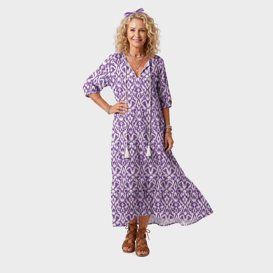 Neža – Vijolična vzorčasta boho midi obleka z resicami