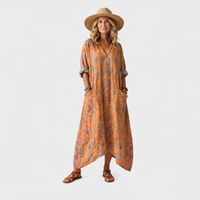 Darja – Oranžna Vzorčasta Boho Midi Obleka Z Žepi