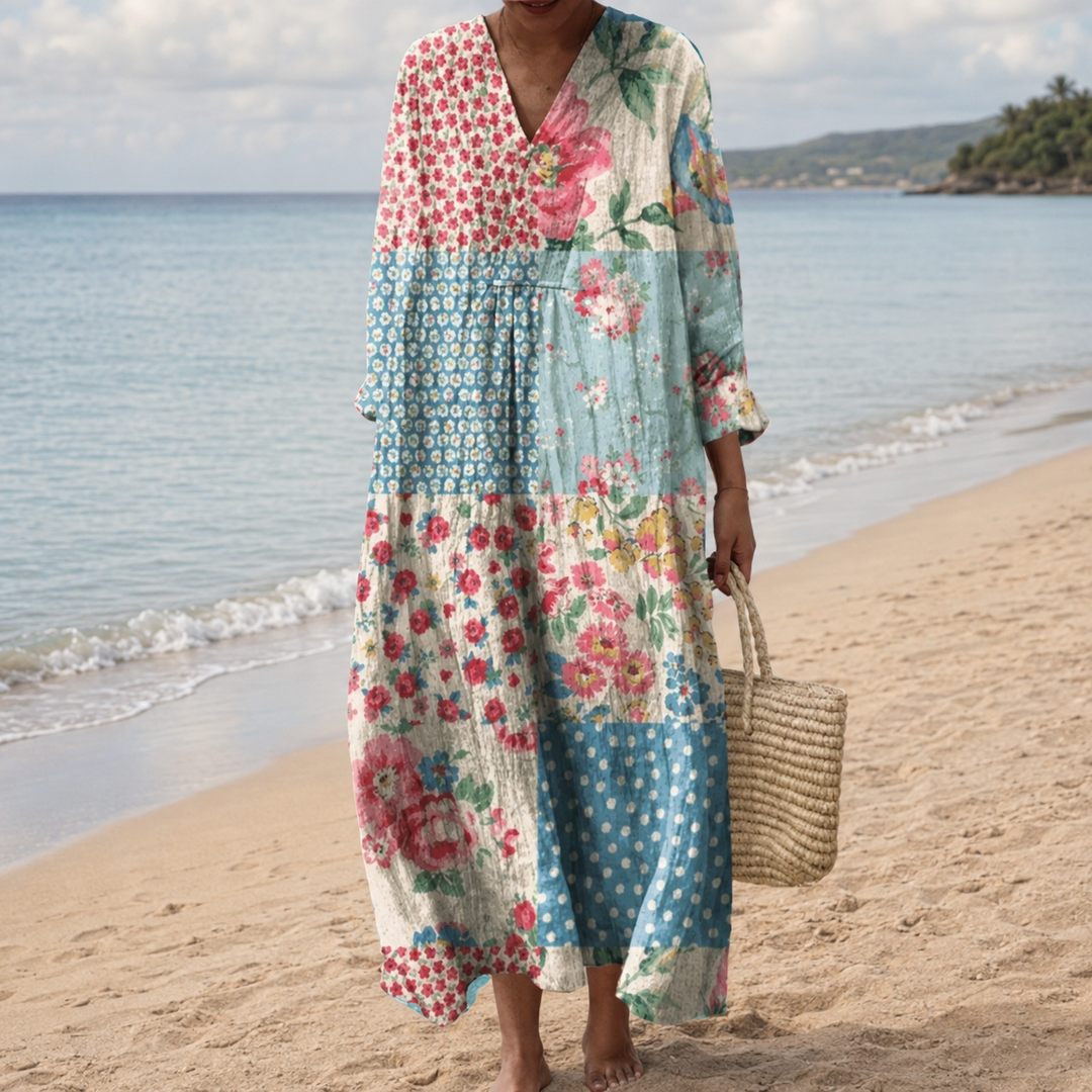 Romana – Pastelna Patchwork Midi Obleka