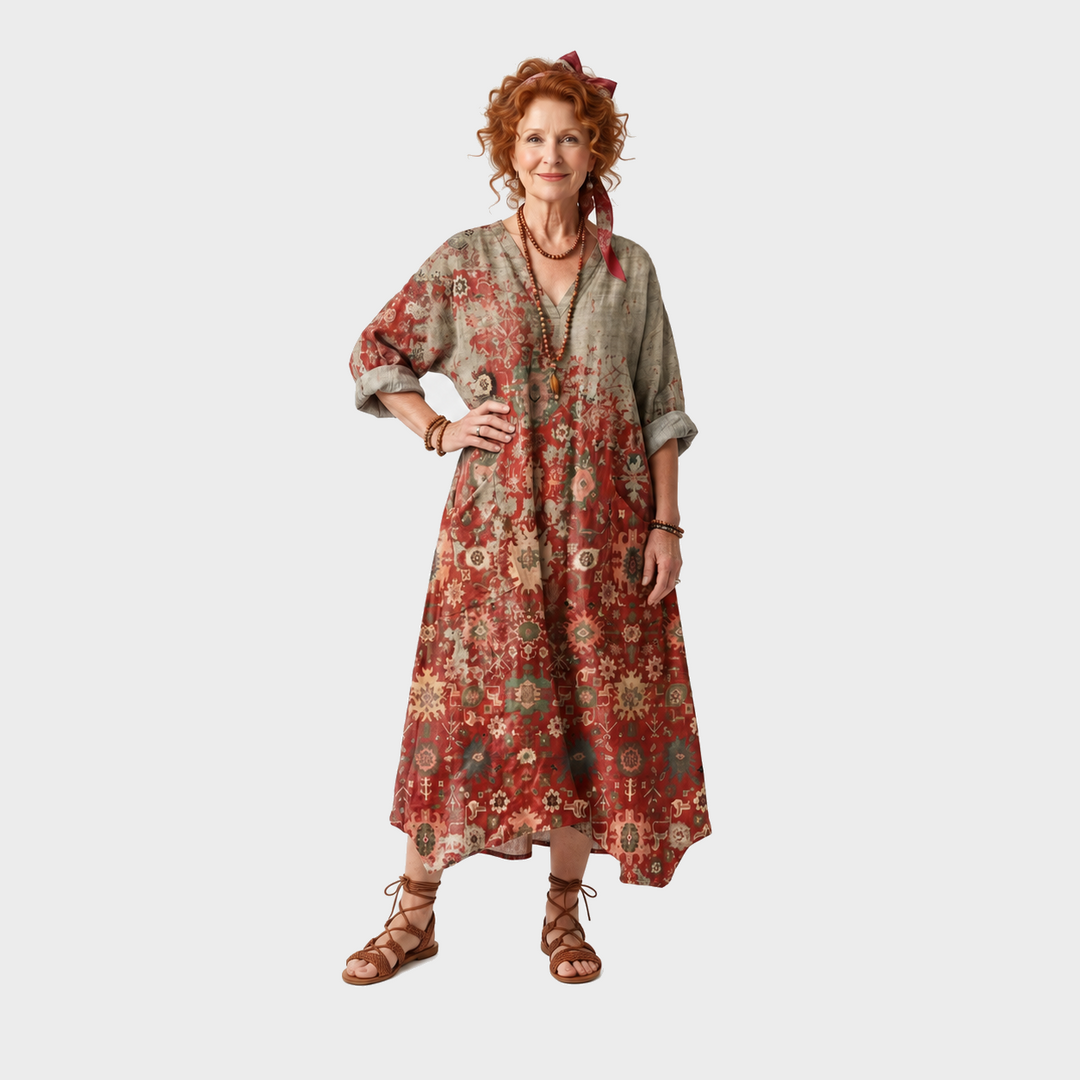 Petra – Večbarvna boho midi obleka z žepi