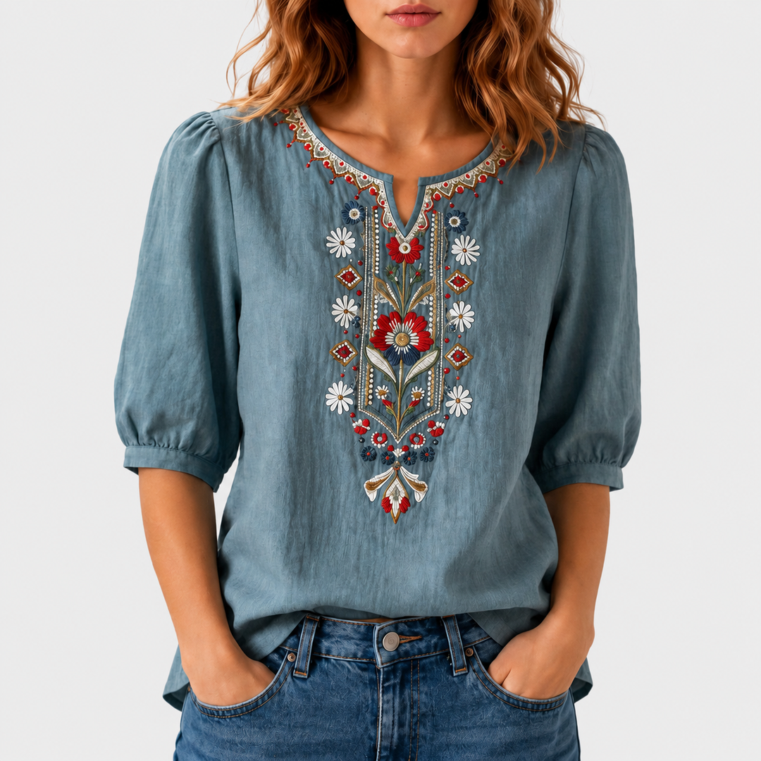 Seraphina cvetlično vezena bluza – modra