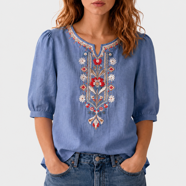Seraphina cvetlično vezena bluza – svetlo-modra