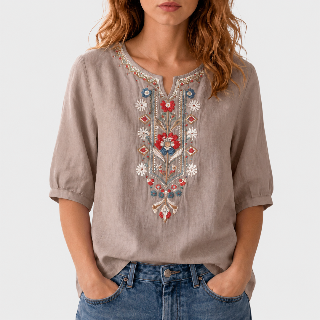 Seraphina cvetlično vezena bluza – svetlo-rjava