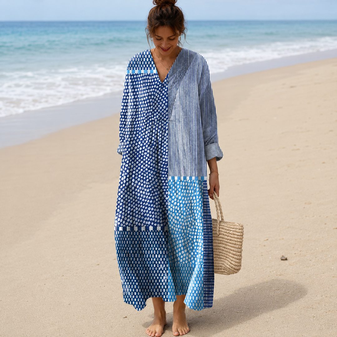 Simona – Modra Patchwork Midi Obleka