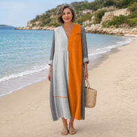 Simona – Oranžno Črtasta Midi Obleka